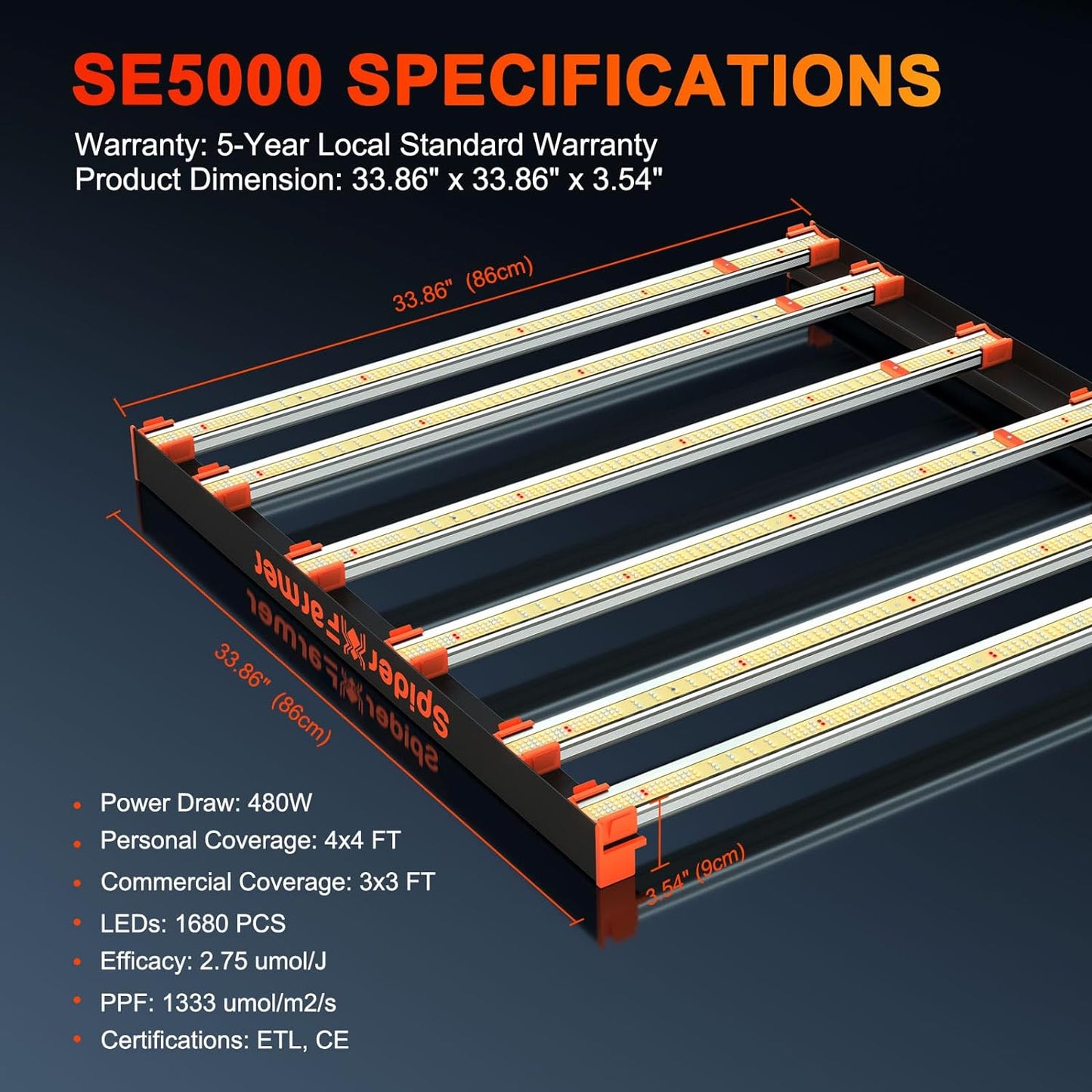 480W 6-Bar LED Grow Light: Spyder Farmer SE5000 Pro Series Full Spectrum 1680pc Samsung LM301B Diodes, Dimmable/Detachable Driver