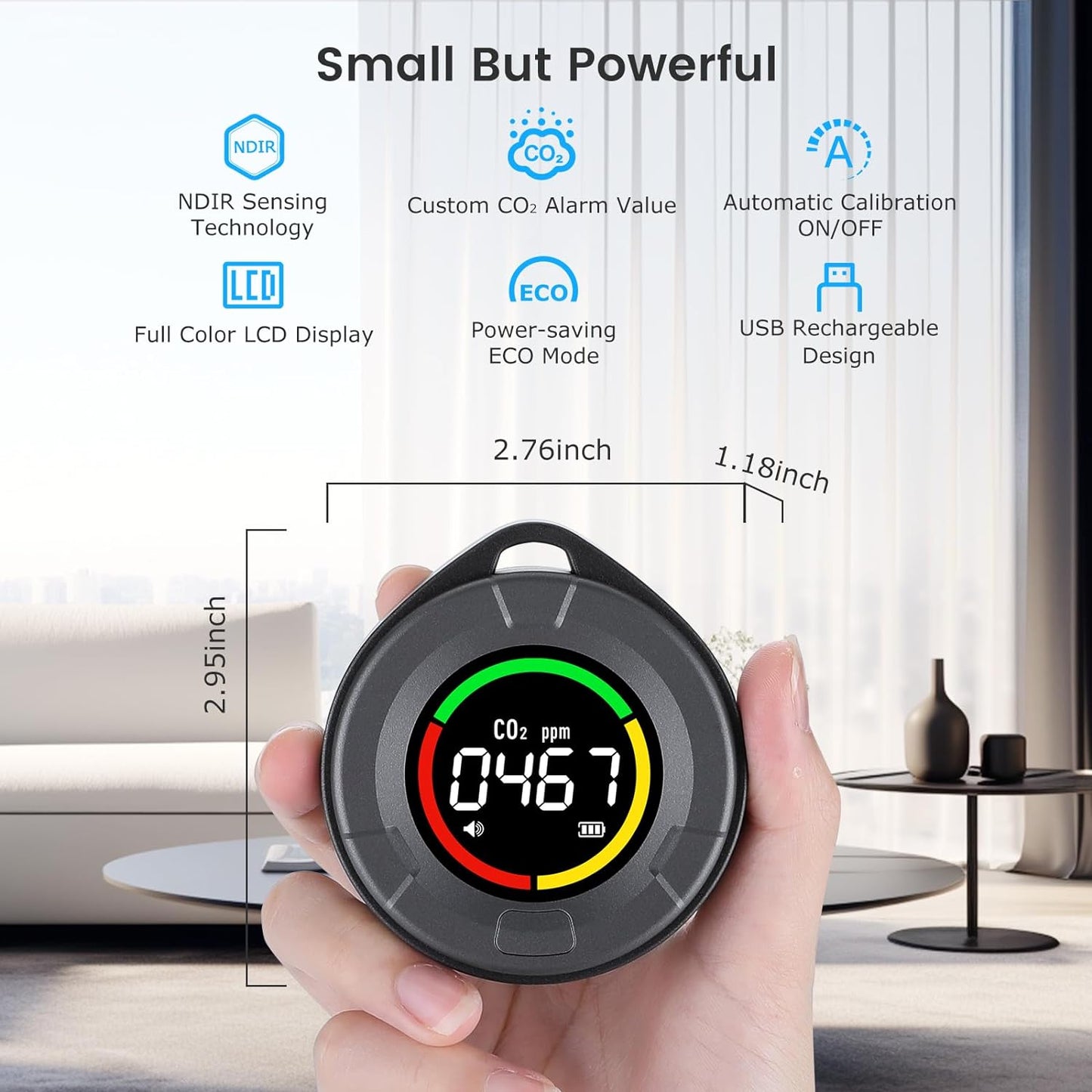 CO2 Monitor: Portable Mini Indoor CO2 Monitor, Full Color LCD, NDIR Sensor with Indicator Light, Alarm, Auto Calibration