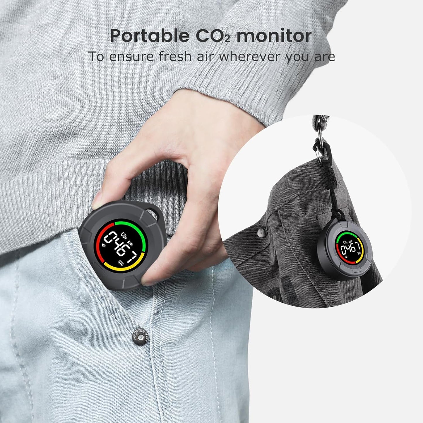 CO2 Monitor: Portable Mini Indoor CO2 Monitor, Full Color LCD, NDIR Sensor with Indicator Light, Alarm, Auto Calibration