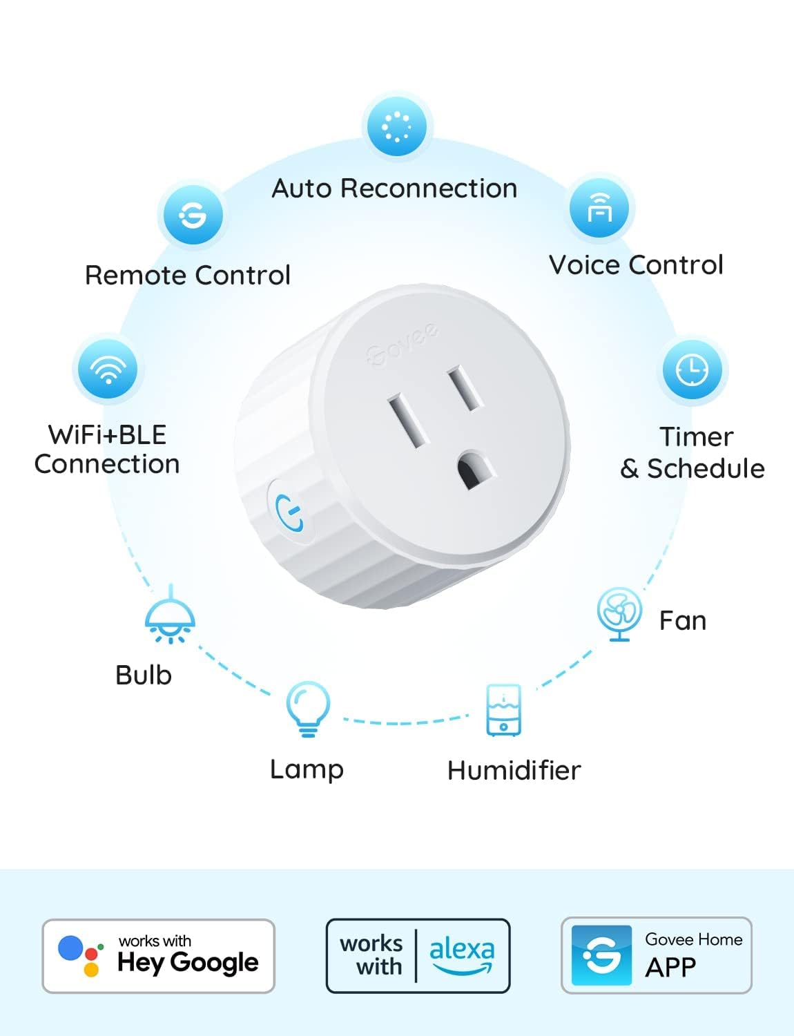 Smart Plug 1 or 2 Pack: Connect to WiFi or Bluetooth, Compatible with Alexa & Google Assistant, Control Lights and Home, Indoor Use