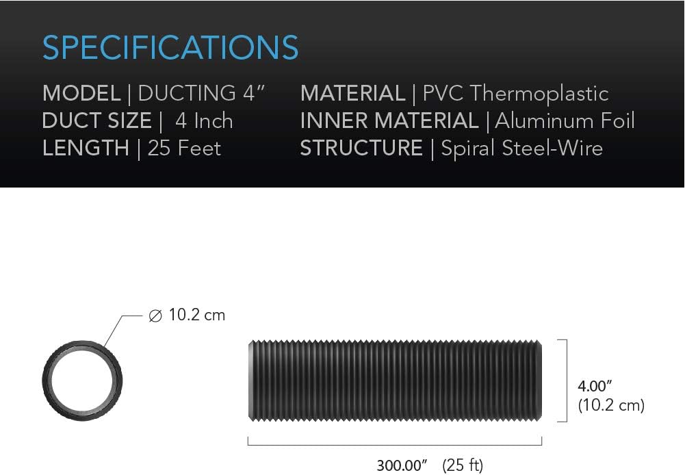 4" Aluminum Flex Ducting, Heavy-Duty Four-Layer Protection, 25-Feet Long for Heating/Cooling, Intake/Exhaust Systems, 2 x Clamps 