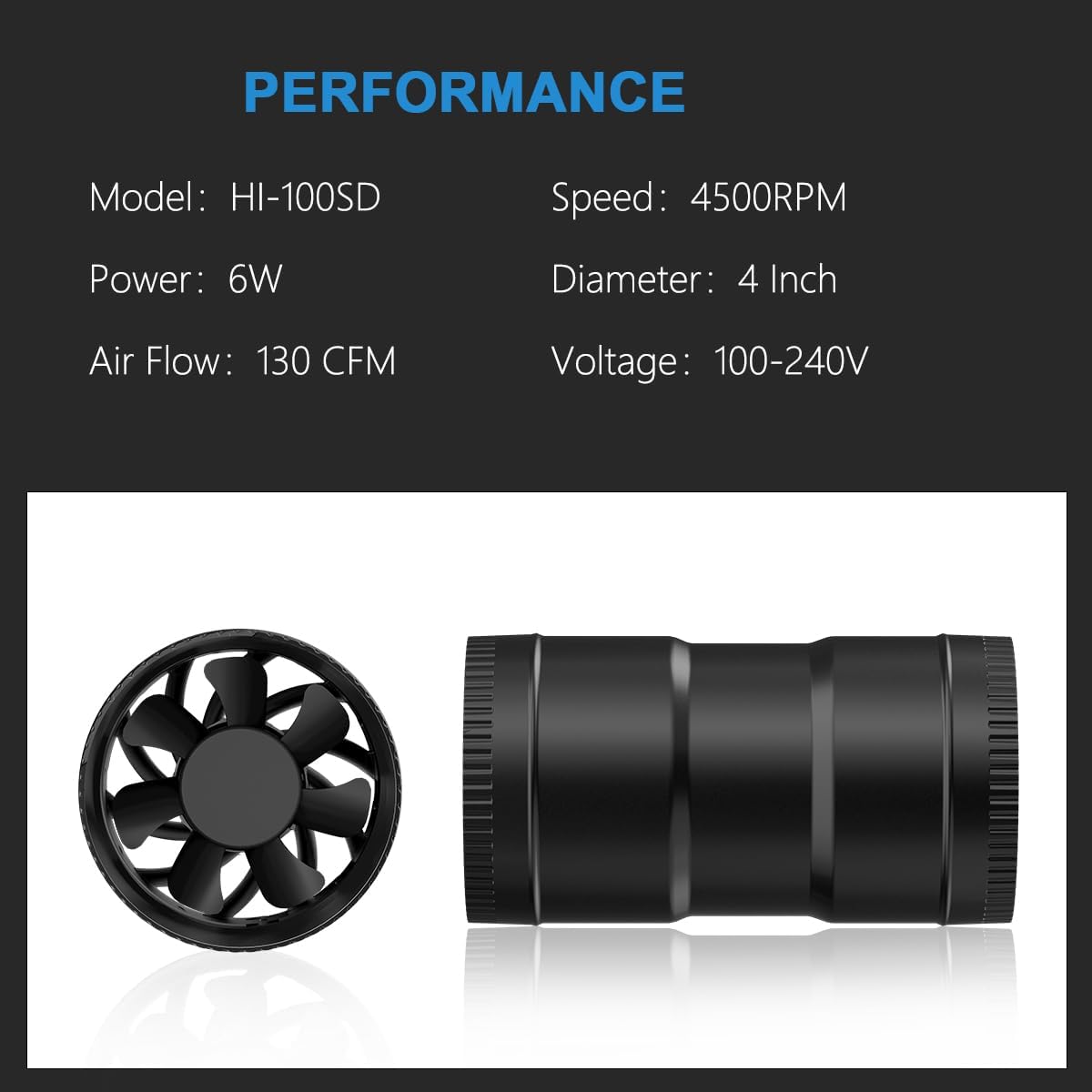 4" Inline Booster Fan: Speed Control Dial,130 CFM, Low 6W Energy, Low Noise 26dba