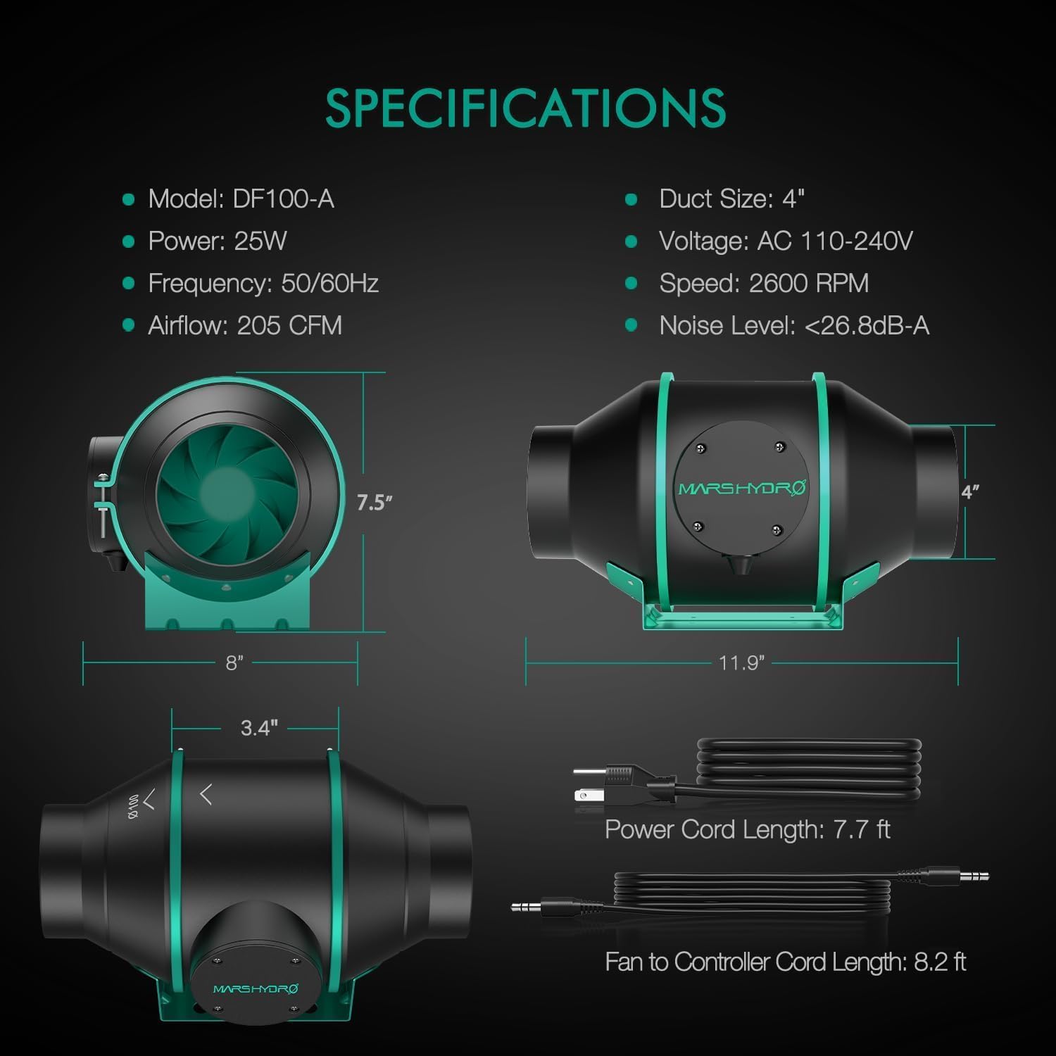 4" Fan & Filter Complete Kit (MH): Digital Controller for Inline Fan 205CFM, Charcoal Carbon Filter, 25' Flex Ducting,