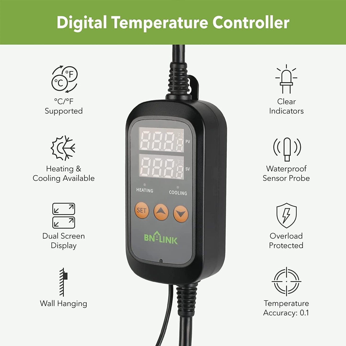 Digital Temp Controller: Dual Stage Outlets for Heating+Cooling ,°C/°F Display,15A/1875W