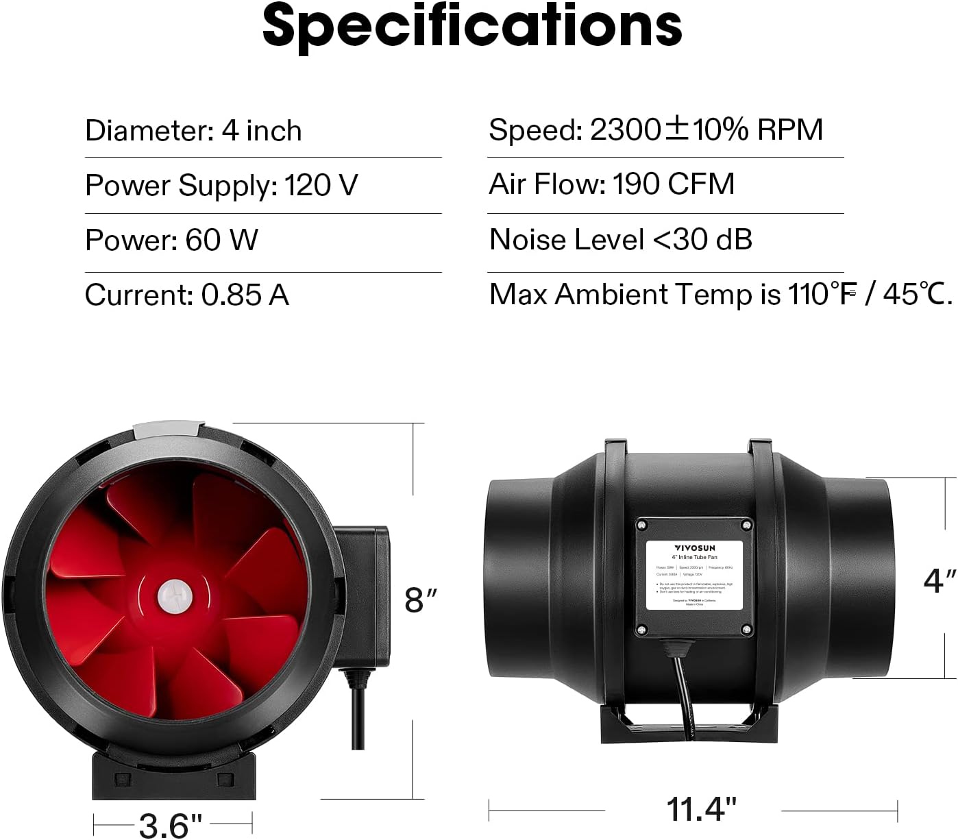 4" Inline Fan: 190 CFM w/Variable Speed Controller 