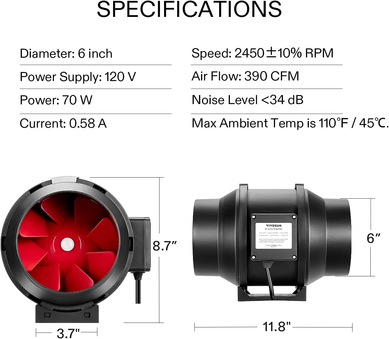 6" Inline Fan: 390 CFM w/Variable Speed Controller