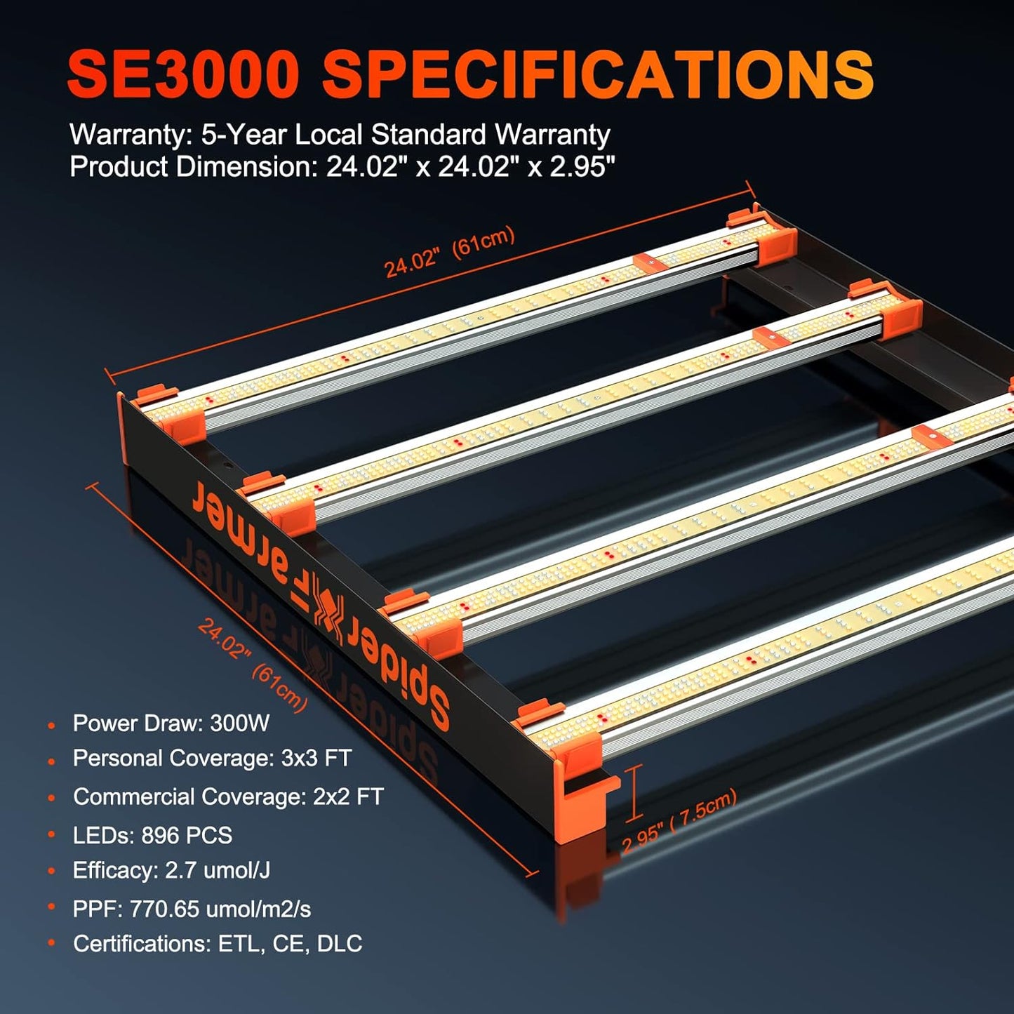 300W Spyder Farmer G3000 4-Bar LED Grow Light: Full Spectrum 896pc Samsung LM301B Diodes, Dimmable & Detachable Driver