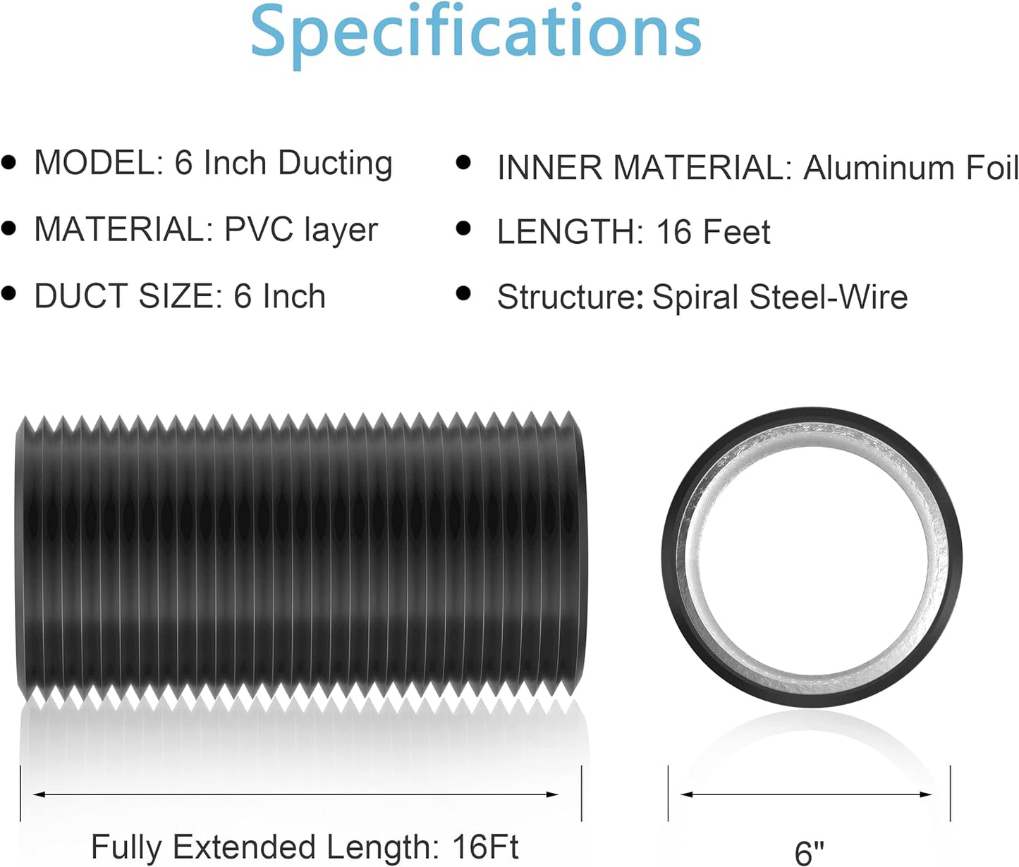 6" Flex Ducting: 6" x 16'  Black PVC and Aluminum Highly Durable, for Exhaust/Intake and Filter Systems 