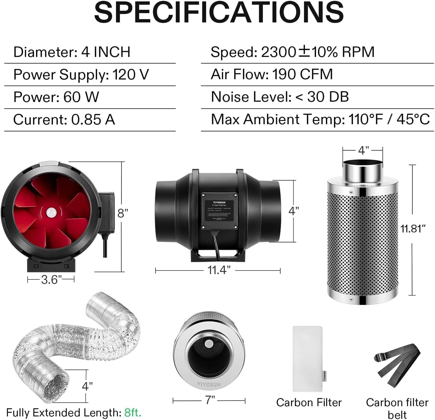 4"/6" Fan Filter Kit: Inline Fan w/Speed Control, 12" Charcoal Filter, Ducting + Clamps