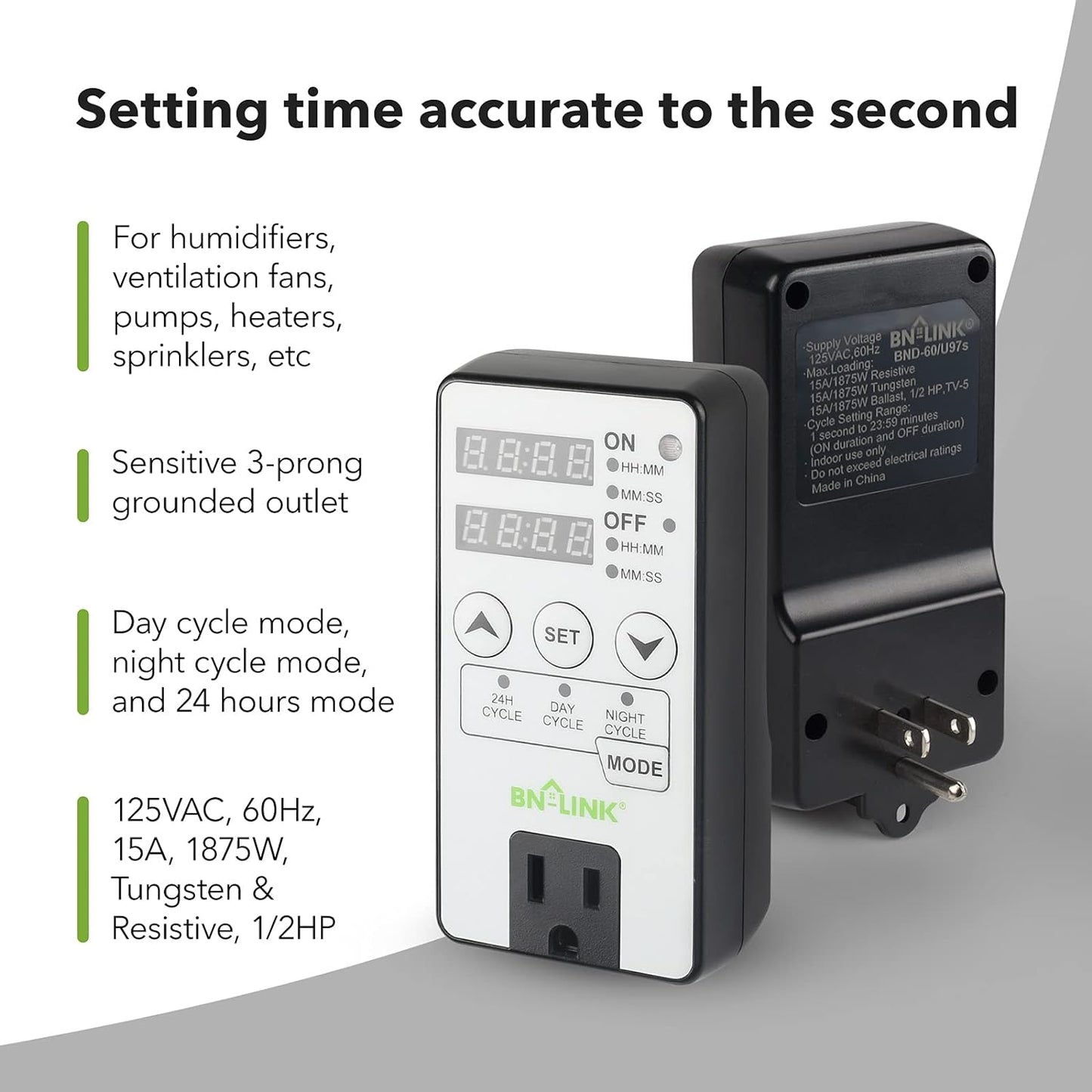 Digital Timer 24hr:  Short Period Repeat Cycle Intermittent, Interval Settings, 3-Mode: Day, Night, or 24 Hour Operation, Rated15A/1875W