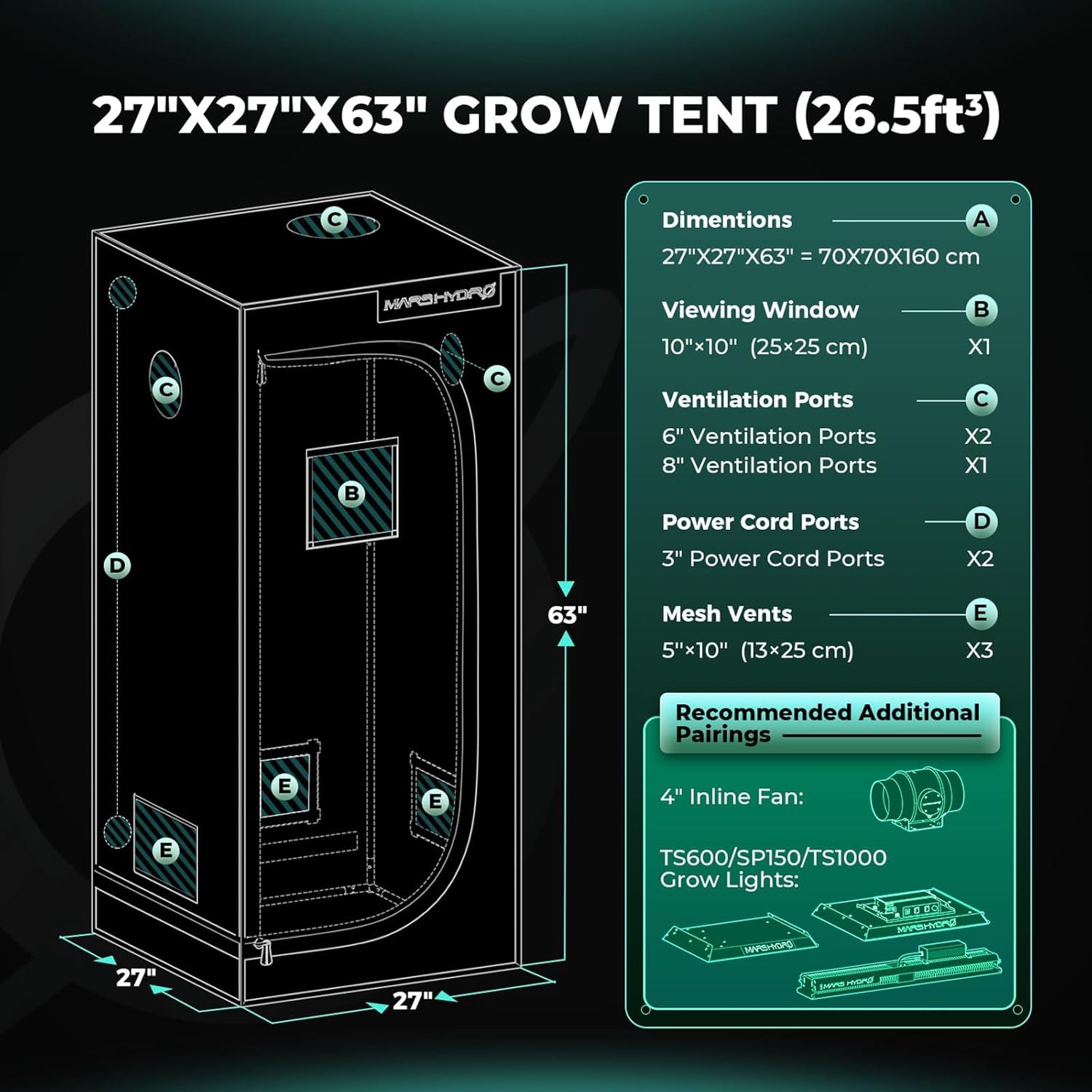 2X2 Grow Tent:  Extra Wide Model (27"x27" 63") Top Quality Fabric 1680D Oxford Canvas with Reflective Mylar - 5'3" (63") Height