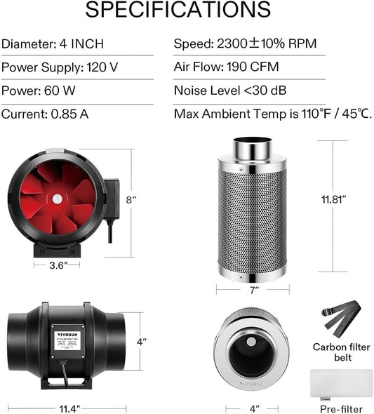 Fan & Filter Combo - 4" / 6" Inline Fan + Charcoal Carbon Filter 