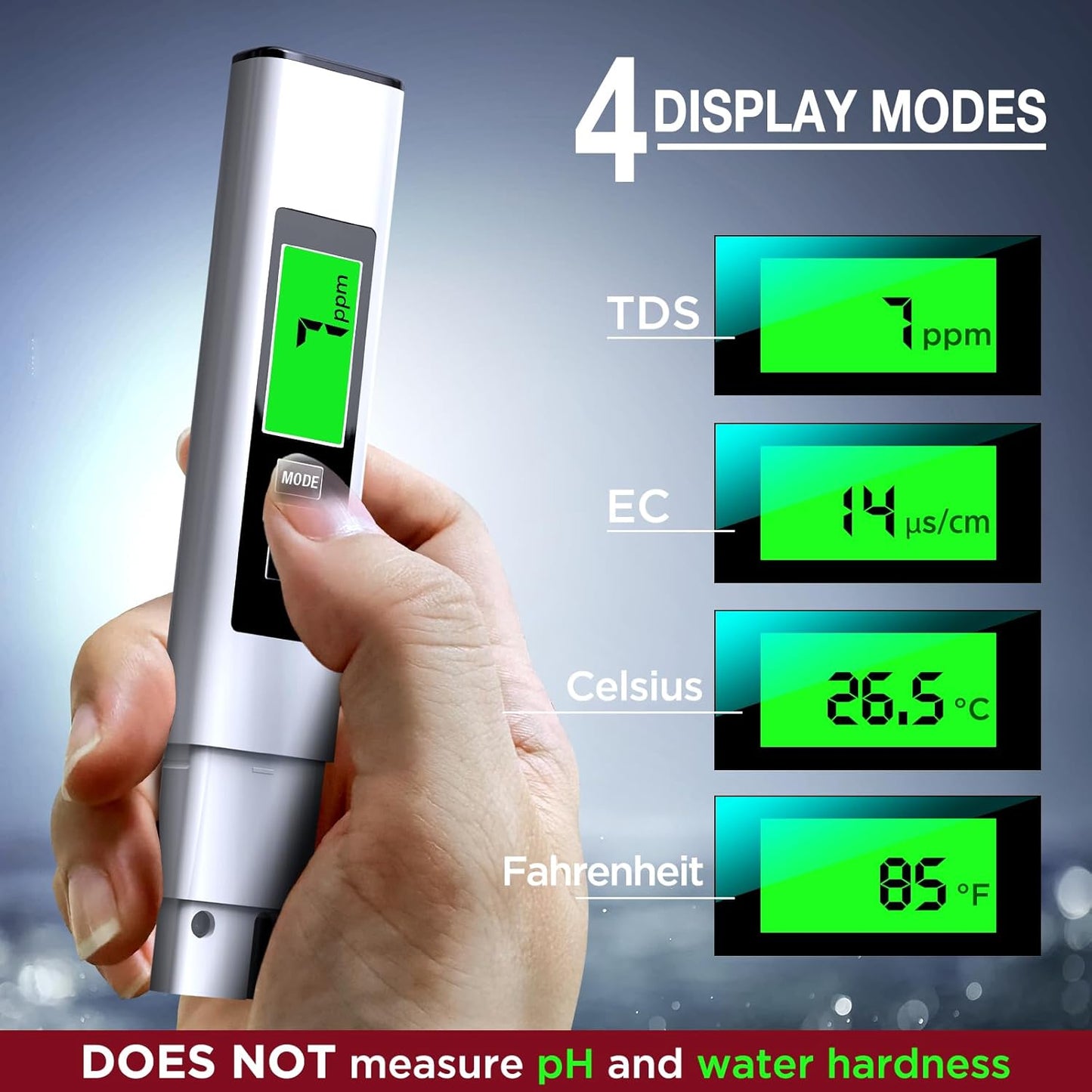 TDS Pen Digital Meter 4in1: Measure TDS EC PPM Temp (°C,°F), Water/ Hydroponics/ Nutrients/ Aquariums, 0-9990ppm