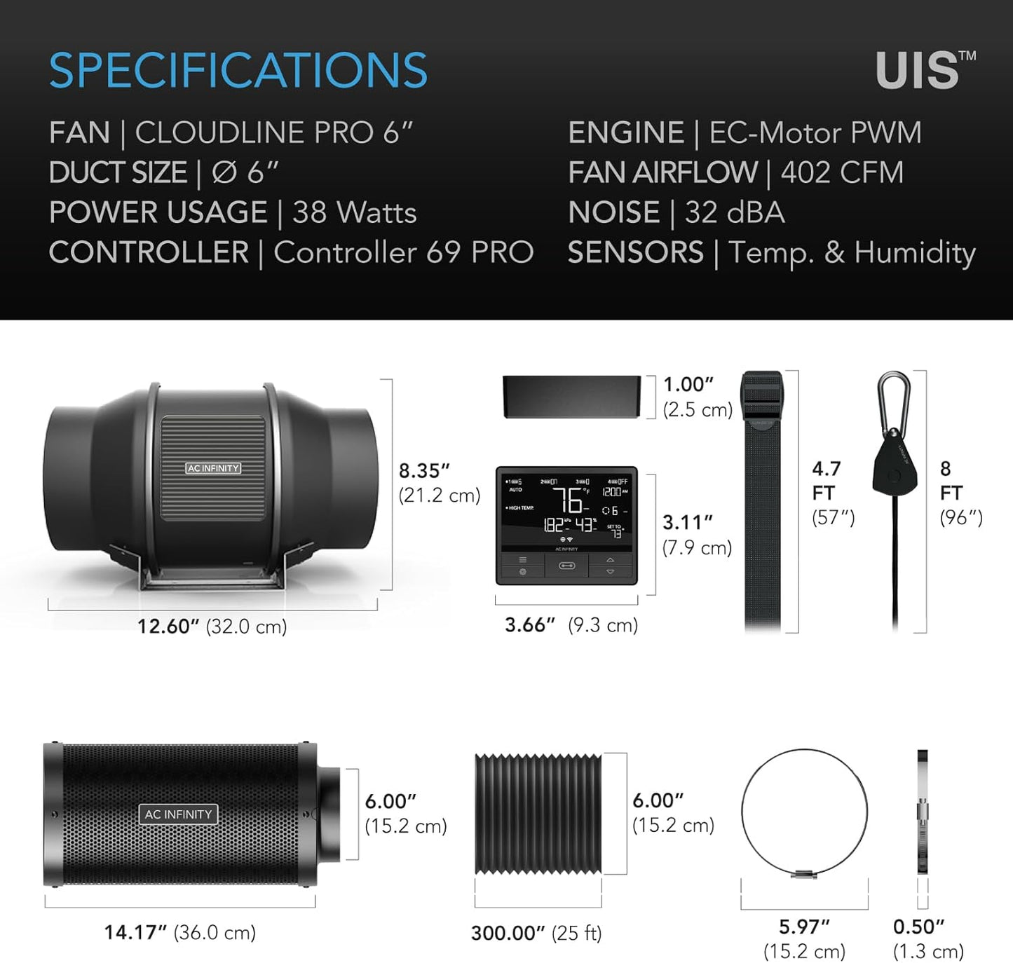 6” Fan & Filter Pro Kit: AC Infinity, CLOUDLINE Pro Series, Digital App Controller 69 PRO, Premium Charcoal Carbon Filter, Ducting w/Clamps