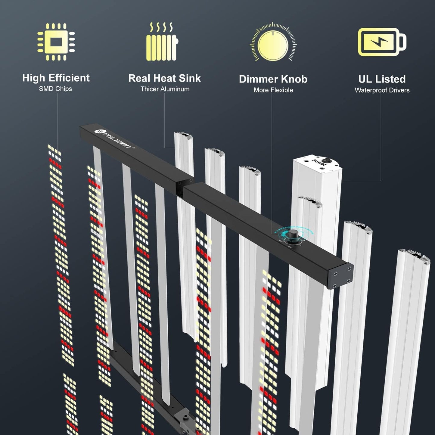 450W/650W PHILZON LED 6-Bar Grow Light: Full Spectrum SMD LM281B Diodes, Dimmable, Foldable Frame