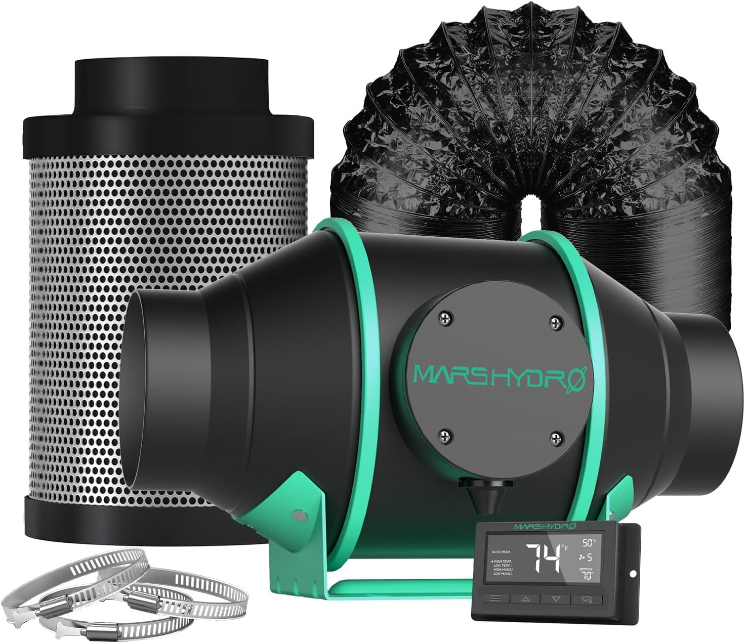 4" Fan & Filter Complete Kit (MH): Digital Controller for Inline Fan 205CFM, Charcoal Carbon Filter, 25' Flex Ducting,