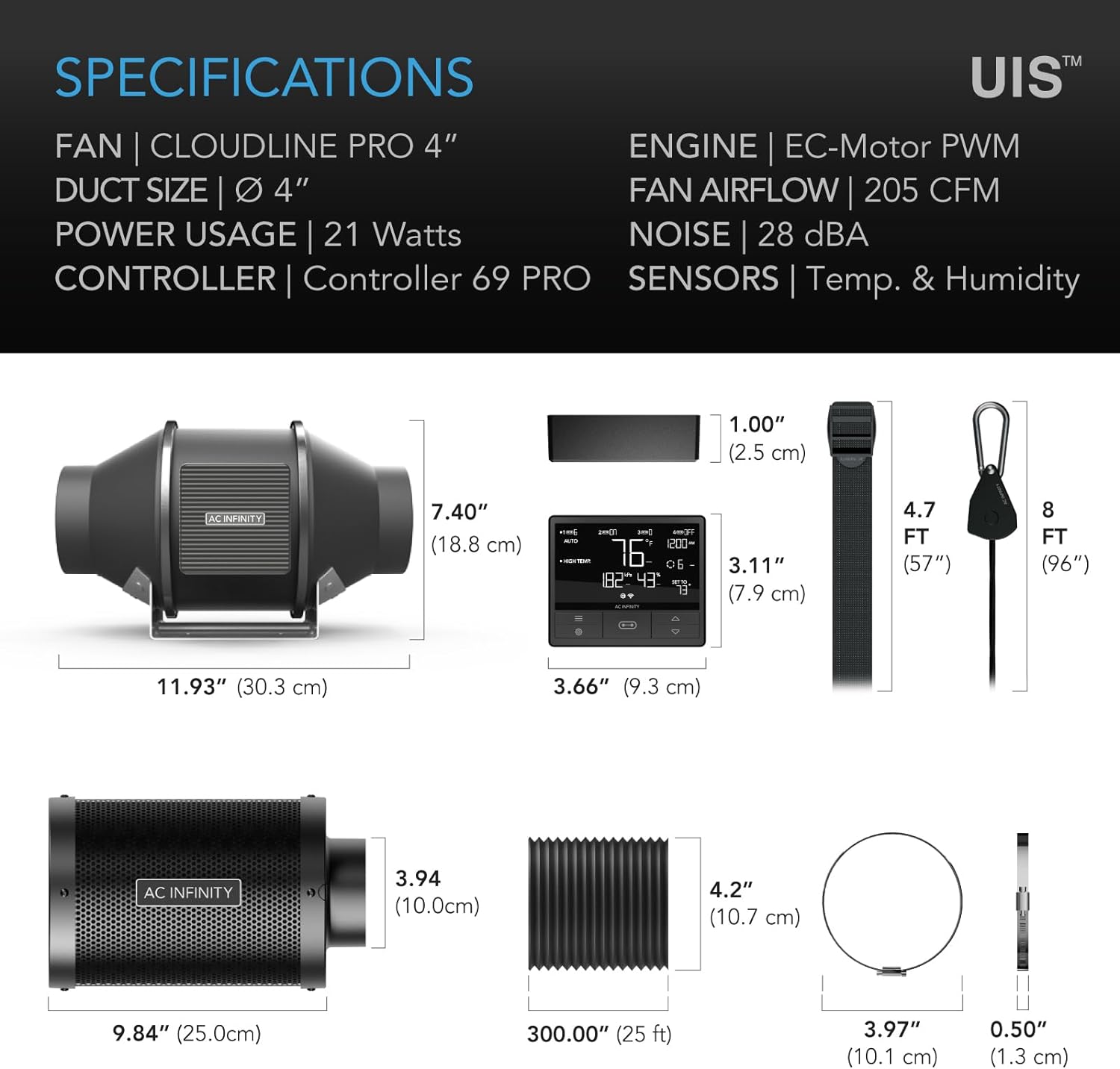 4" Fan & Filter PRO Kit: AC Infinity CLOUDLINE Series, Digital Controller 69 PRO+ Wifi App, Charcoal Filter, Black Flex Ducting+Clamps