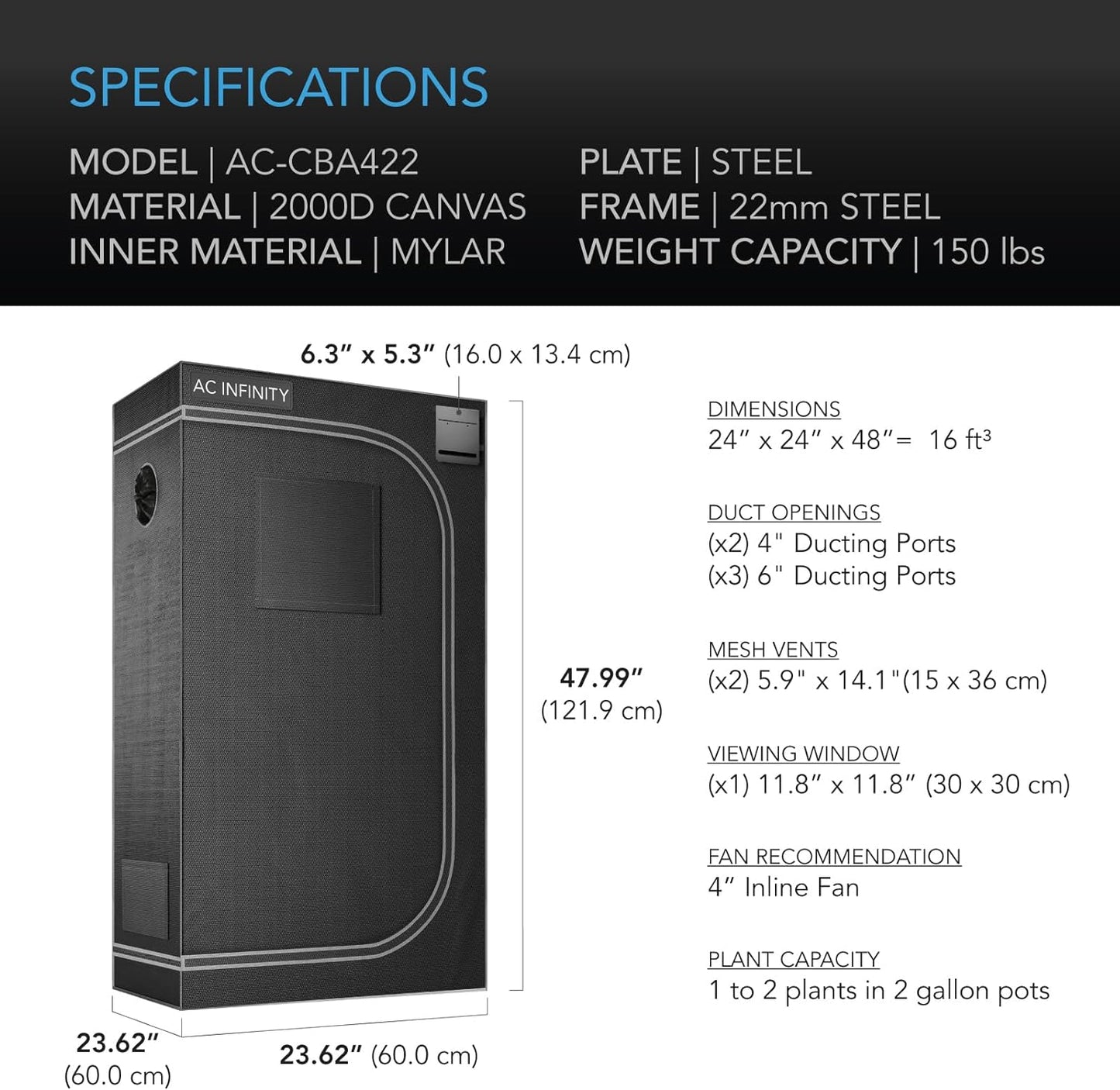 2x2 Grow Tent: AC Infinity CLOUDLAB Premium  Grow Tent 2000D, Diamond Mylar -  24"x24"x48"