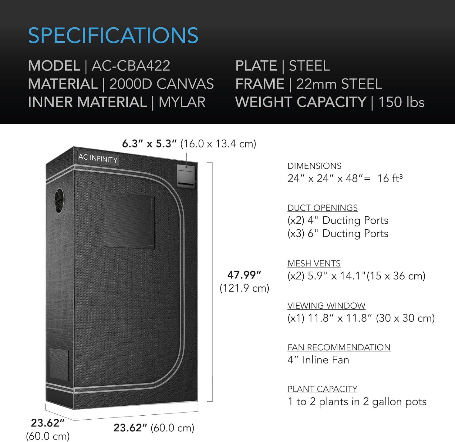 2x2 Grow Tent: AC Infinity CLOUDLAB Premium  Grow Tent 2000D, Diamond Mylar -  24"x24"x48"