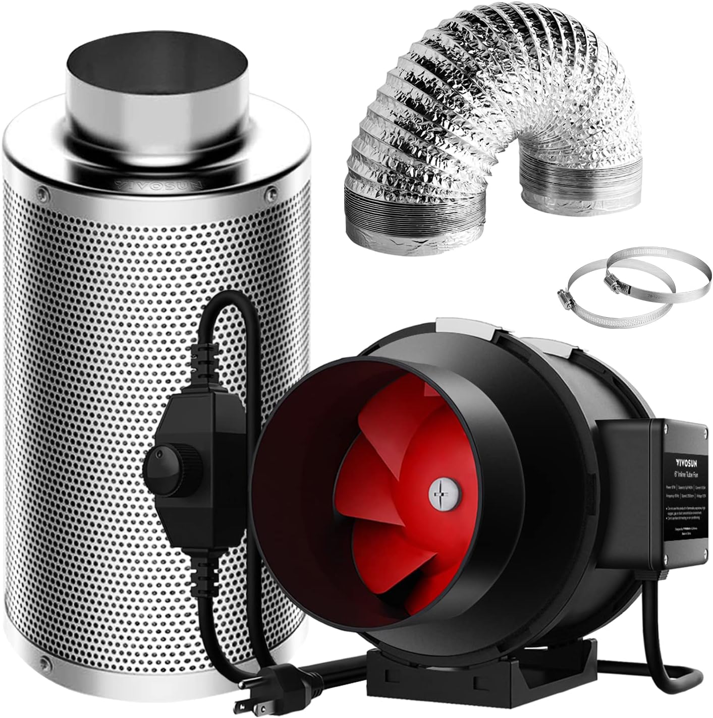 4"/6" Fan Filter Kit: Inline Fan w/Speed Control, 12" Charcoal Filter, Ducting + Clamps