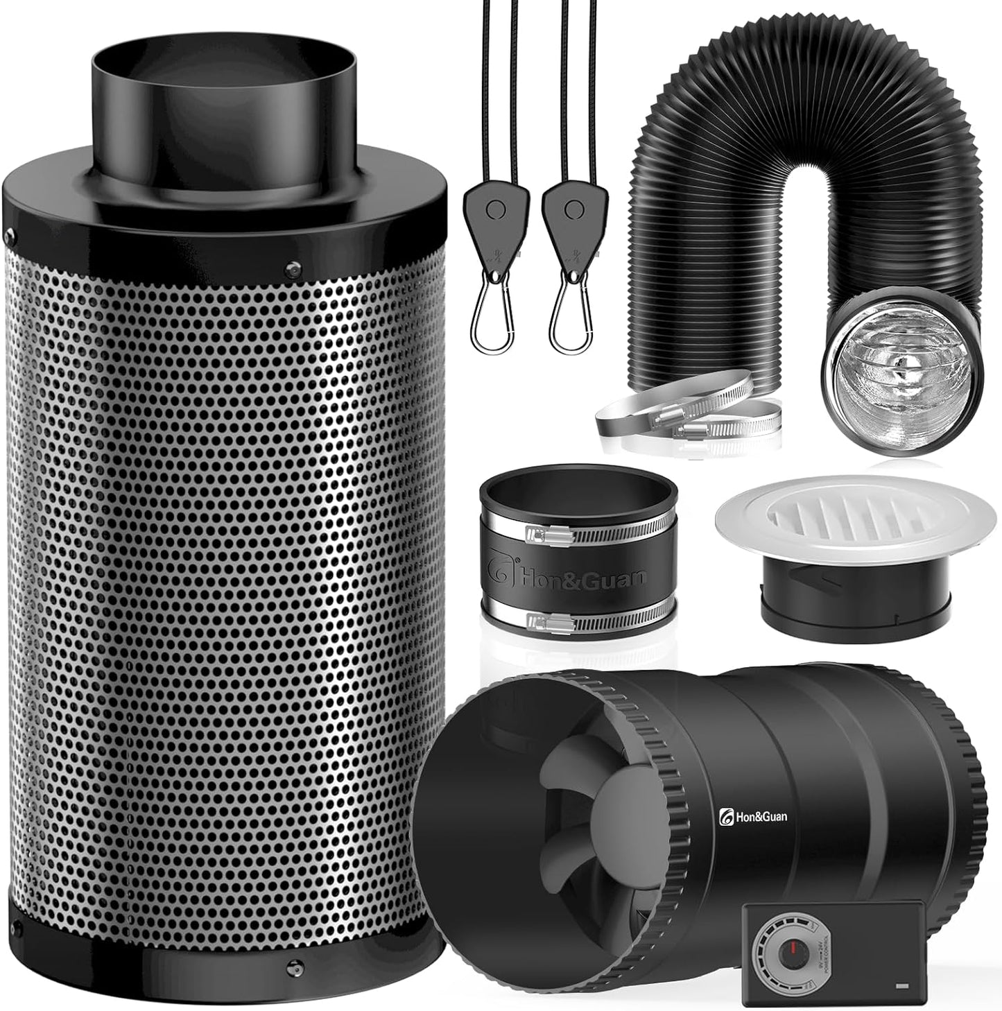 4" Fan Filter Kit:  Inline Fan 4500 RPM 130CFM Speed Controller, 12" Charcoal Filter Australian Charcoal 1200+, Rubber Coupler, 8' Black Flex Ducting, Clamps