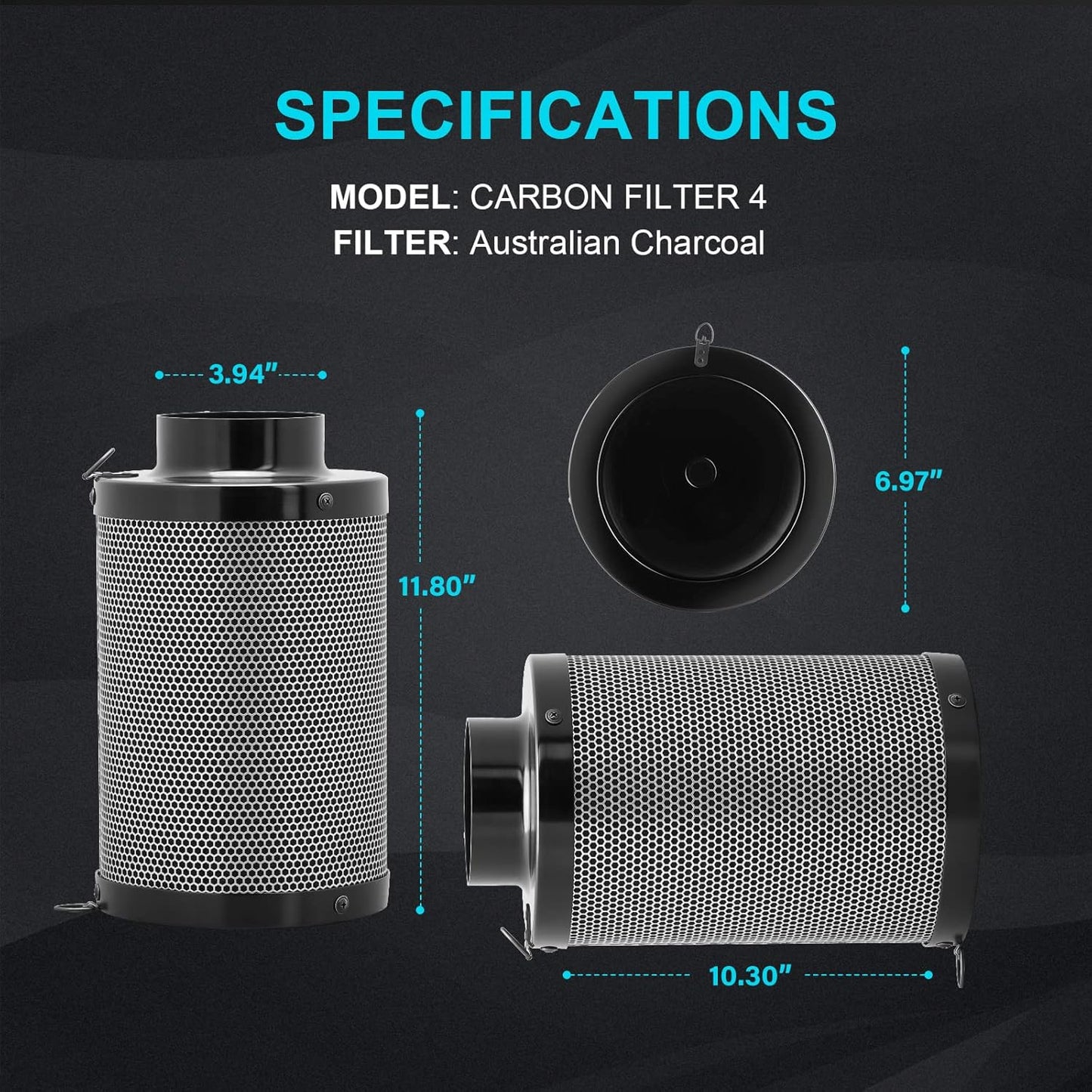 4" Charcoal Filter; 10" Filter (12" Total Length), Activated Australian Charcoal, Reversible Flange, Black Pre-Filter