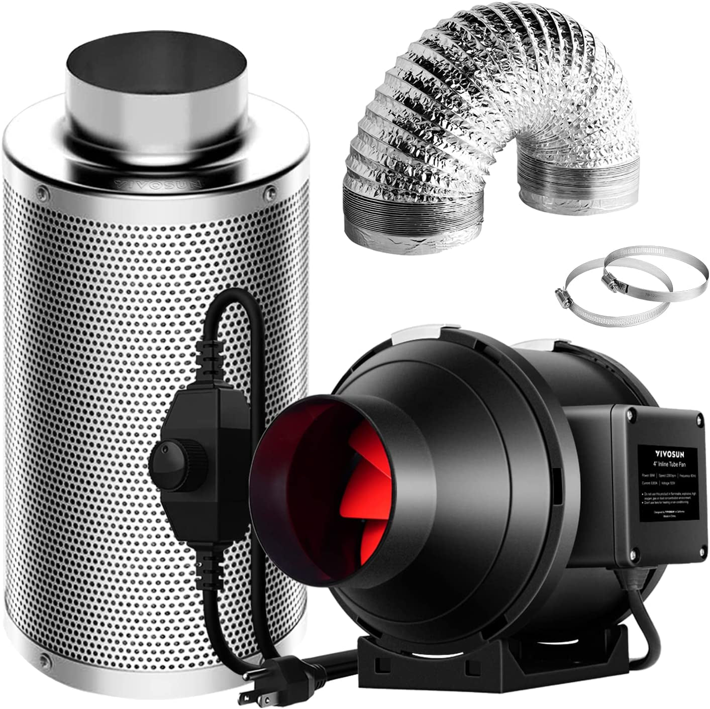 4"/6" Fan Filter Kit: Inline Fan w/Speed Control, 12" Charcoal Filter, Ducting + Clamps