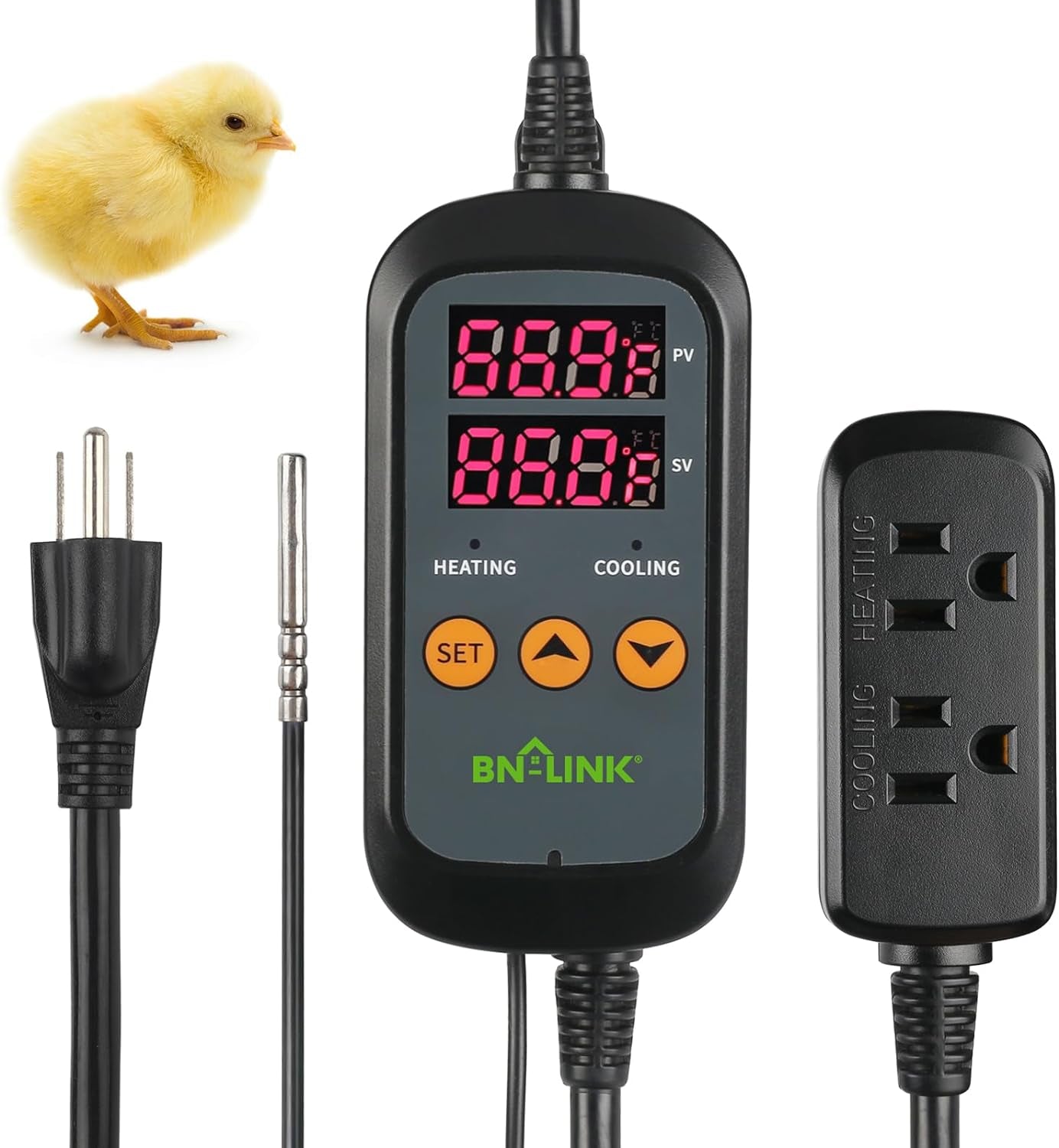 Digital Temp Controller: Dual Stage Outlets for Heating+Cooling ,°C/°F Display,15A/1875W