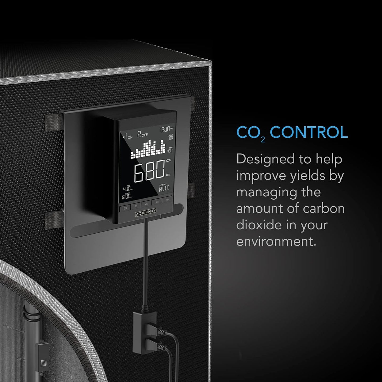 CO2 Smart Controller: 2-Plug model. Use with CO2 Regulator and Inline Intake + Exhaust System to maintain enriched CO2 levels in Grow Tents/Rooms