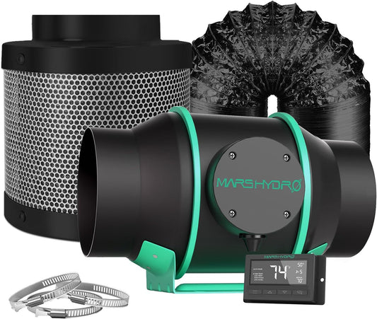 6" Fan & Filter Complete Kit (MH): Digital Controller Inline Fan 402CFM, Charcoal Carbon Filter, 25' Black Flex Ducting w/Clamps