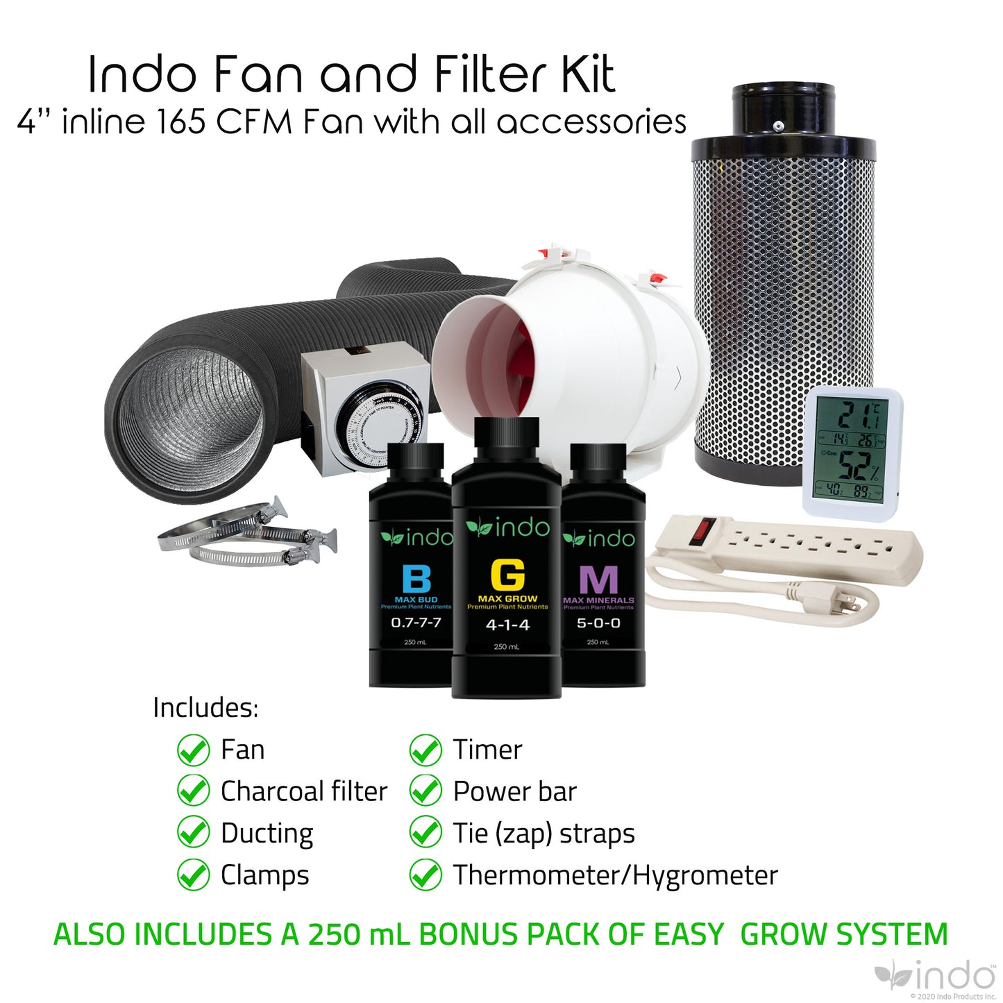 Fan & Filter Kit - 4" Inline Fan 165CFM with 12" Activated Charcoal Carbon Filter - 24hr Timer - Ducting with Clamps