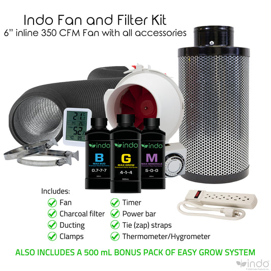 Fan & Filter Kit - 6" Inline Fan 350 CFM with 16" Activated Charcoal Carbon Filter - 24hr Timer - Ducting with Clamps