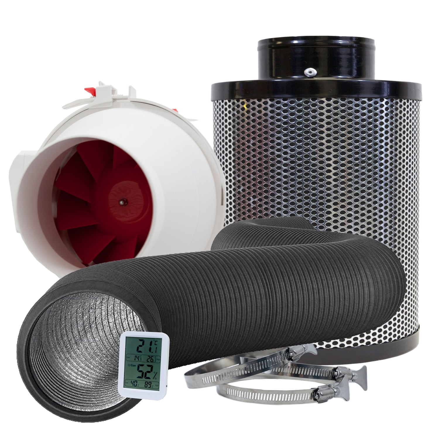 Fan & Filter Kit - 8" Inline Fan 500 CFM with 24" Activated Charcoal Carbon Filter - 24hr Timer - Ducting with Clamps
